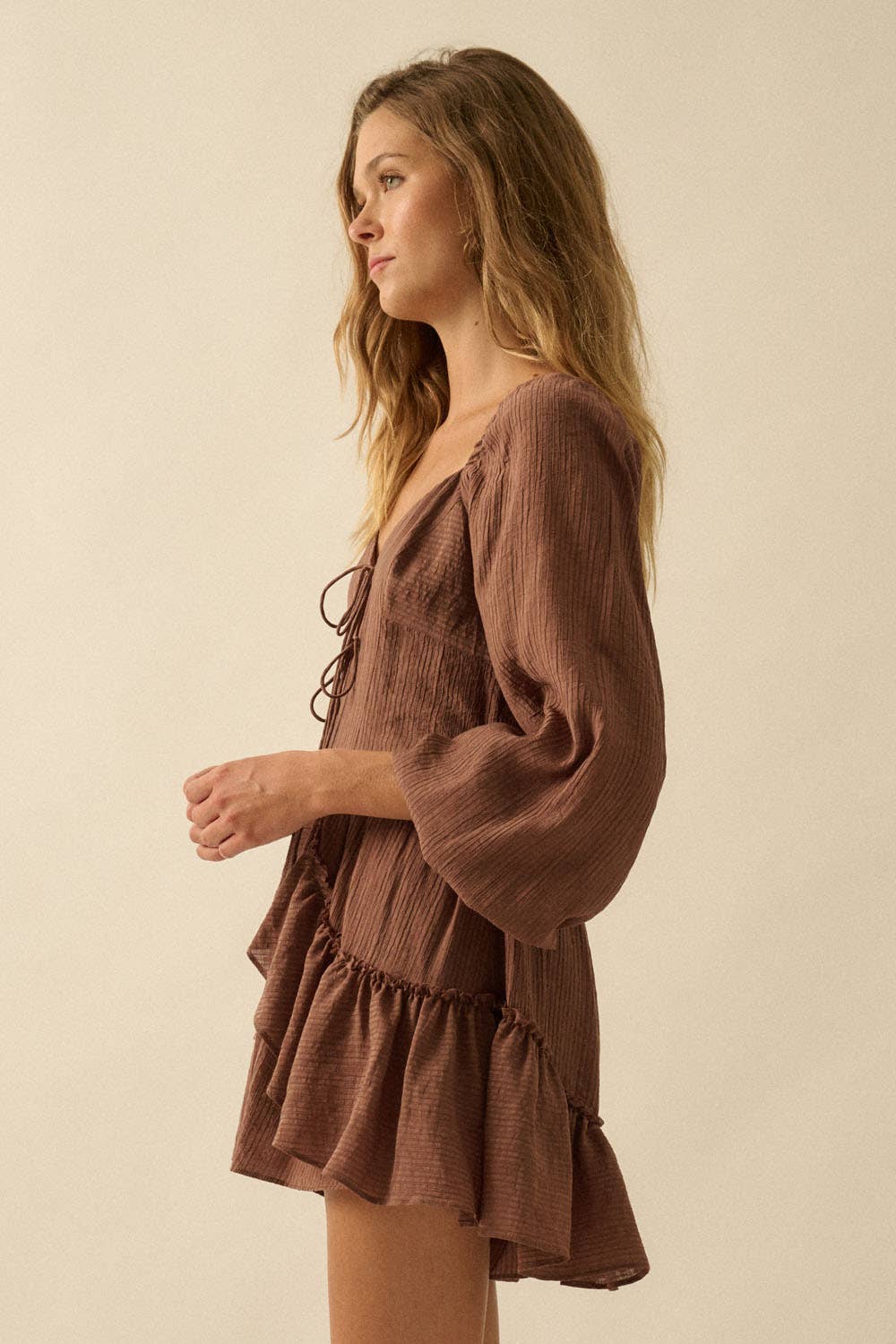 Promesa USA - Wholesale Romper - Women's - Tonal-Stripe Ruffled Tie-Front Peasant Romper10