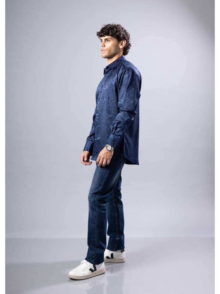 252214 - Navy Elevated Jacquard Button-Up Shirt Long Sleeve for wholesale on Faire3