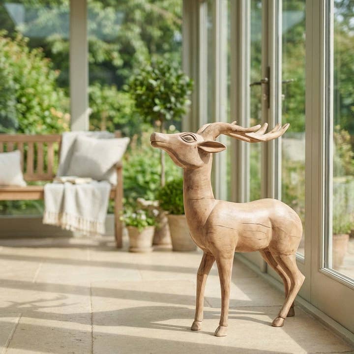 Figura de ciervo -XL-, madera maciza natural, tallada a mano de alta calidad, A.62 cm para venta al por mayor de Antikas