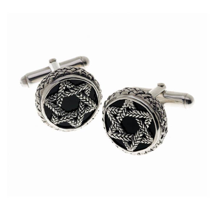 Boutons de manchette tissés en forme d'étoile de David en argent sterling et onyx pour la vente par Cynthia Gale New York