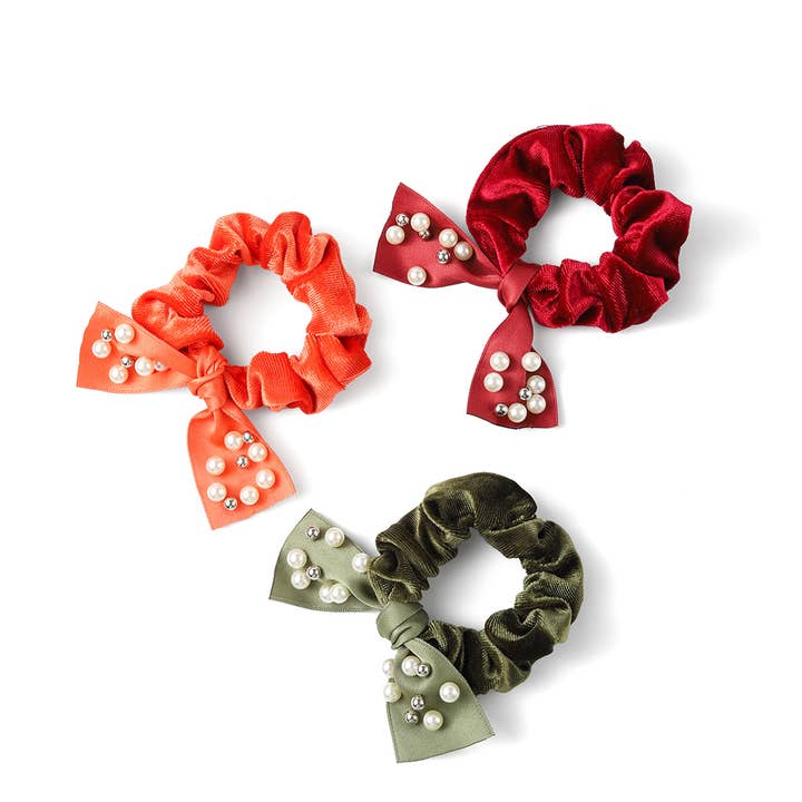 3pc Set- Shiny Velvet Scrunchie w/ Pearl Ribbon for wholesale by Selini New York