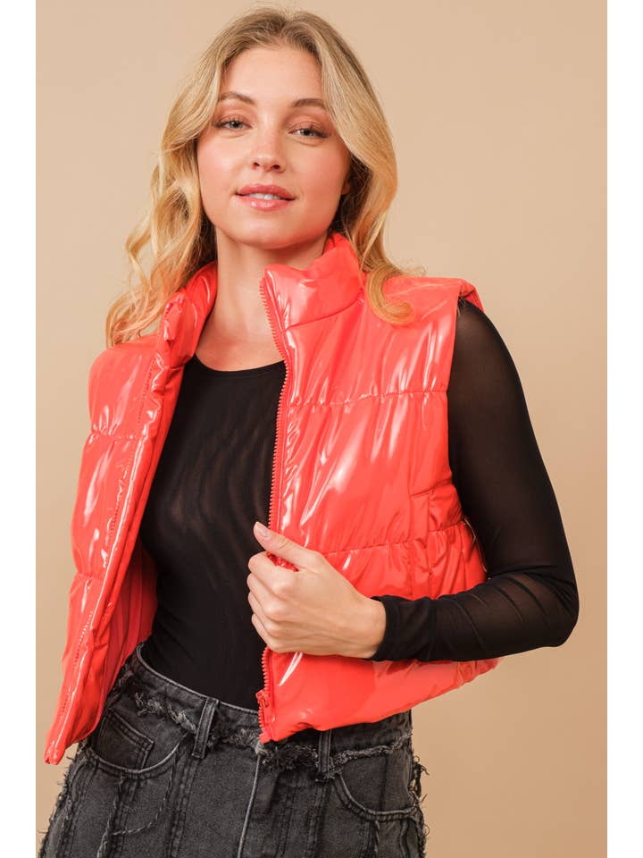 Blue B - Wholesale Outerwear Vest - Women's - 22656J - Gloss Shiny PU Quilted Puffer Zip Up Crop Vest47