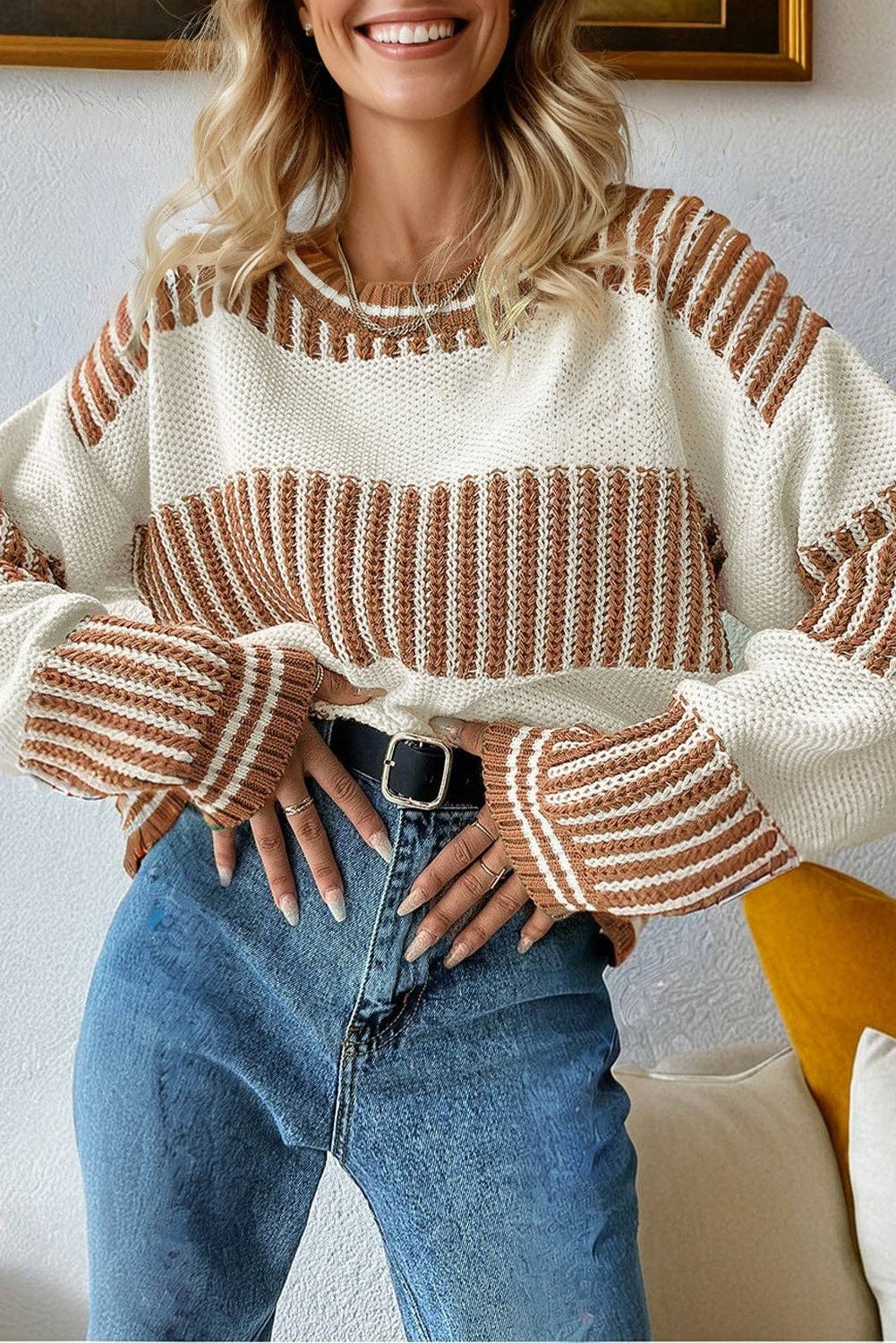 Khaki Stripe Patchwork Drop Shoulder Sweater for wholesale on Faire