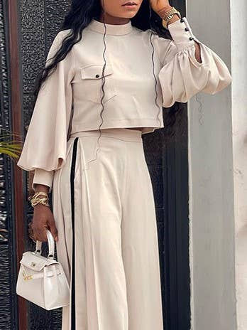 Apricot Half Turtleneck Top, Wide-Leg Pants, Two-Piece Set for wholesale on Faire