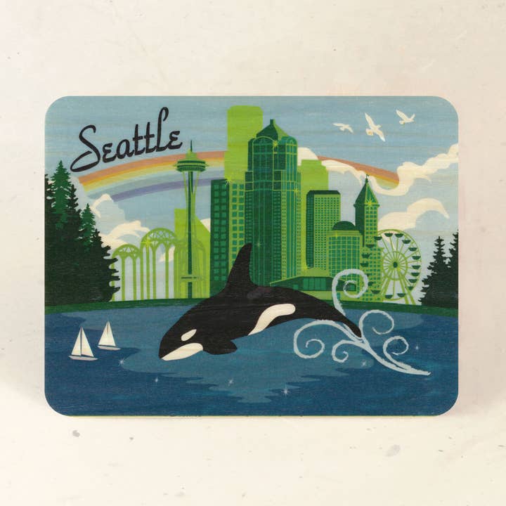 Cartão postal de madeira de Seattle Emerald City por atacado de Little Gold Fox Designs