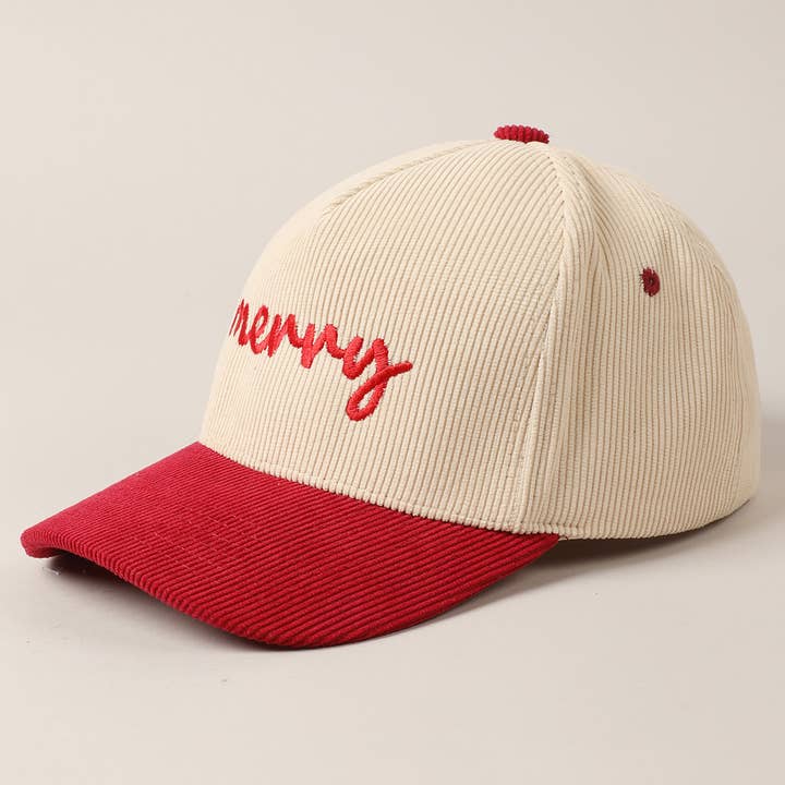 Fashion City - Wholesale Baseball cap – Unisex - Merry Text Embroidery Two-Tone Corduroy Cap2