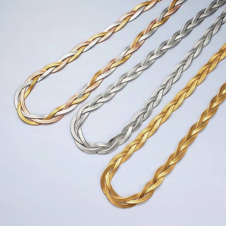 Collier en acier inoxydable à triple chaîne en arête de poisson de 7,6 mm en or, argent, métal mélangé | WA-2530 ~ WA-2532 pour la vente par Aim Eternal