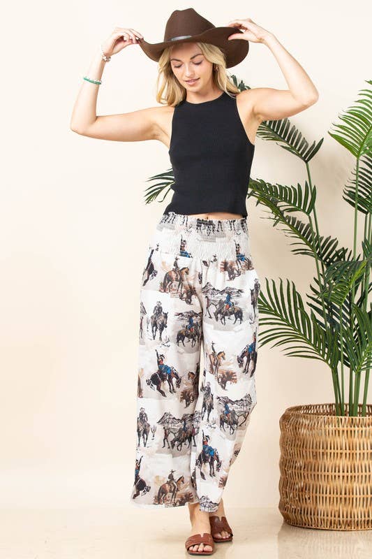 Khaki Multi AV1243-LEO WESTERN PRINT ELASTIC SMOCK WAIST WOVEN PANTS for wholesale on Faire10