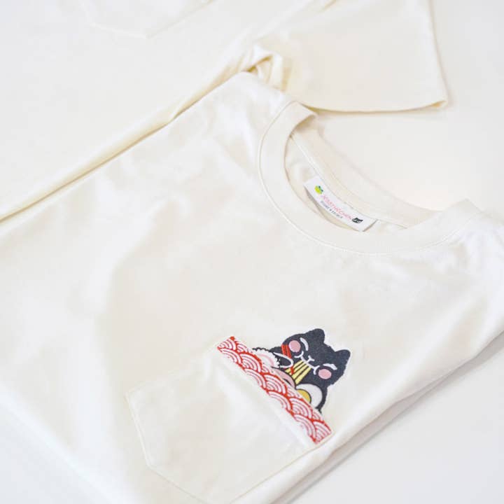 Cat Ramen Embroidered Pocket Tee | Butter Yellow for wholesale by Jessthechen