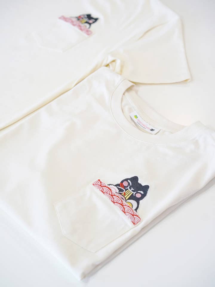 Cat Ramen Embroidered Pocket Tee | Butter Yellow for wholesale by Jessthechen