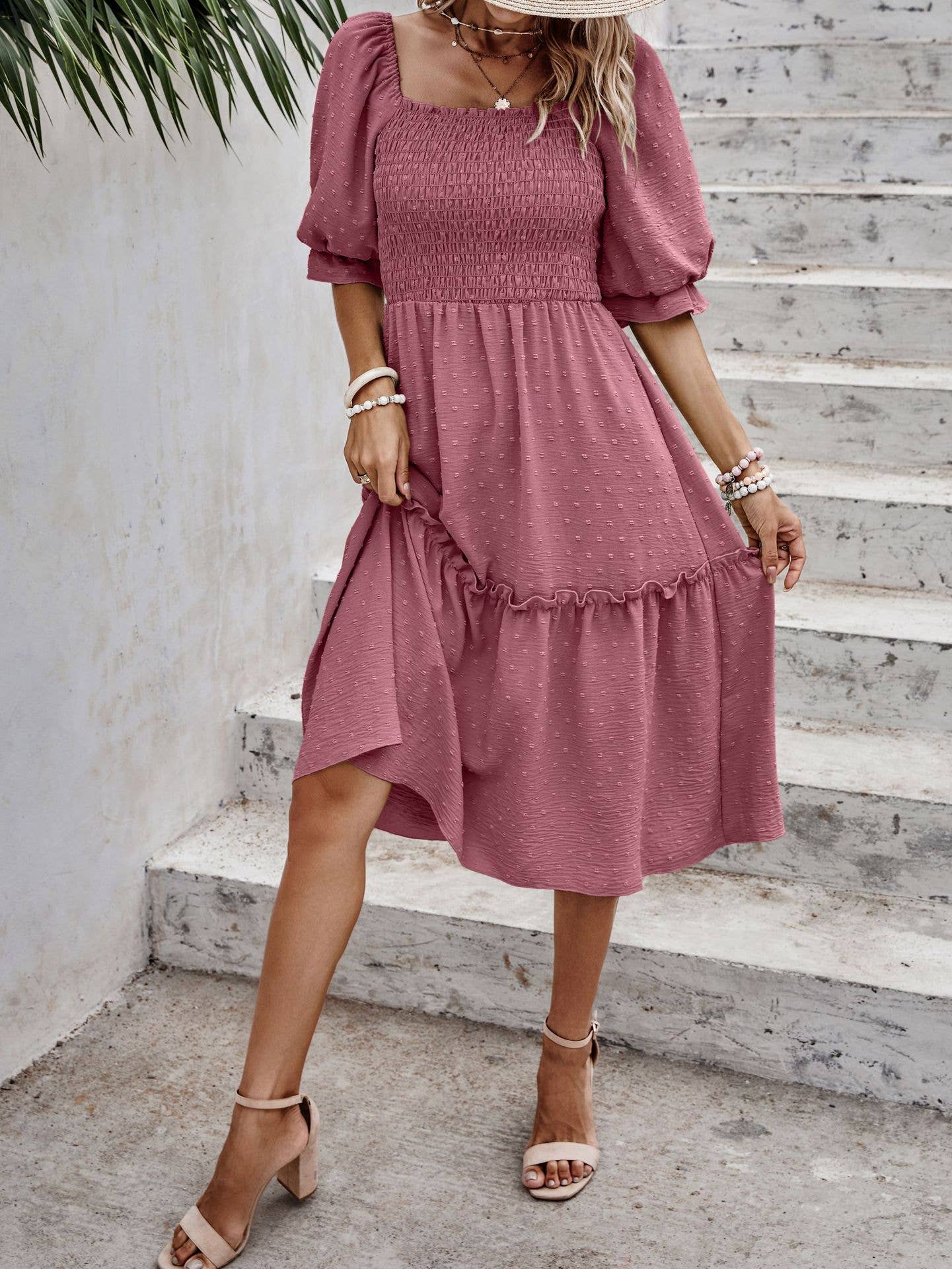 eLook – Großhandel Kleid – Damen – SZ1-DR6227 Swiss Dots Gemustertes Midikleid mit halben Ärmeln3