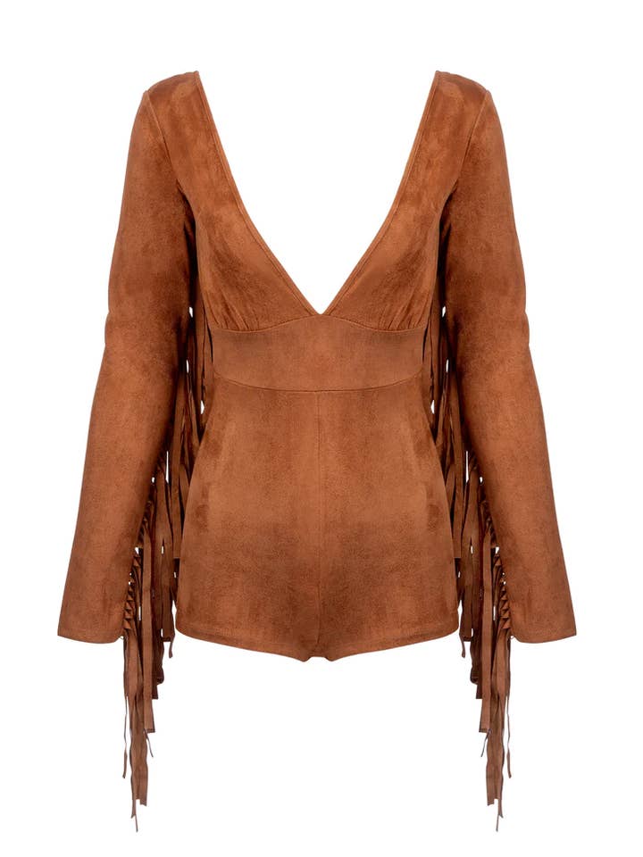 Pretty Attitude Clothing - EU - Wholesale Romper - Women's - Brown Faux Suede Fringe Romper Western Rodeo Long Sleeve