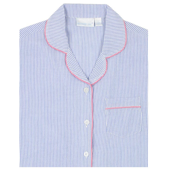 Needham Lane - Wholesale Sleepwear Set - Women's - Blue Seersucker-Pink Short Sleeve Shorty Pajamas 3