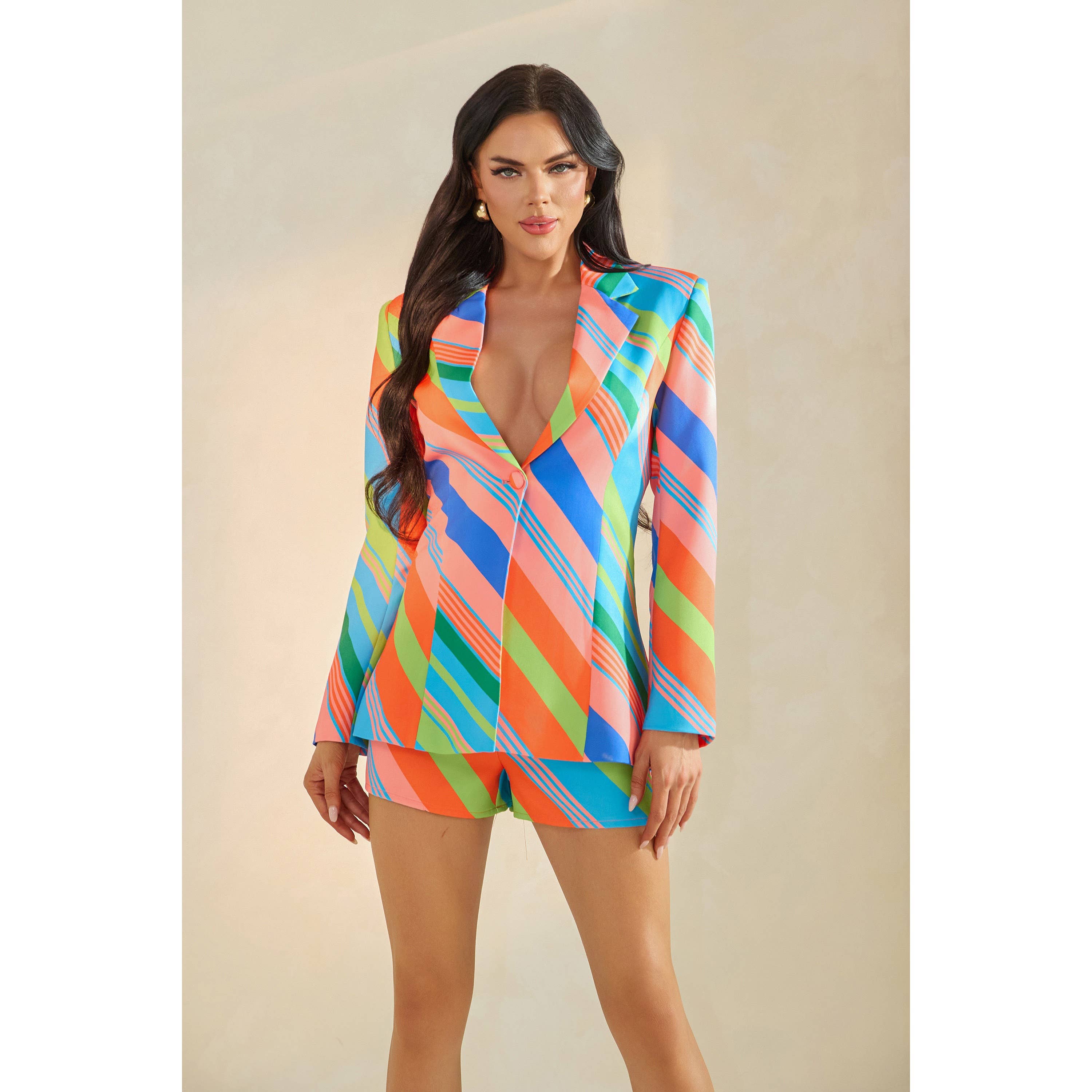 ORANGE/BLAU BLAZER MIT PASSENDEN SHORTS IN MEHRFARBIGEM SCHRÄGSTREIFEN-SET für den Großhandel auf Faire2