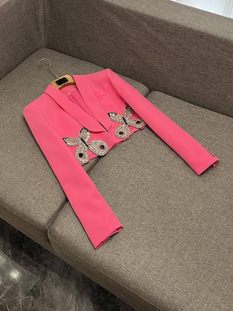 Sanyao Fashion - Wholesale Suit Set - Women's - SY396 Pink Suit with Diamond Bow Decor and Short Hip Skirt 4