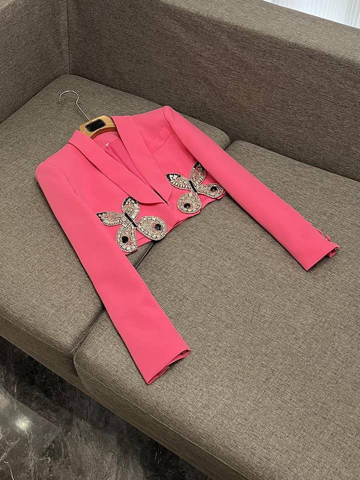 Sanyao Fashion - Wholesale Suit Set - Women's - SY396 Pink Suit with Diamond Bow Decor and Short Hip Skirt 4