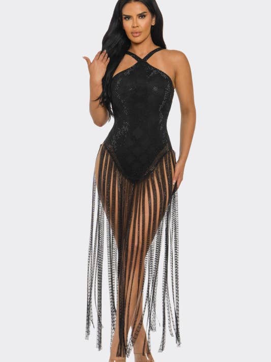 Maxiklänning med halterneck, tofsar och strass - BJ046 för wholesale av House of E ATL LLC