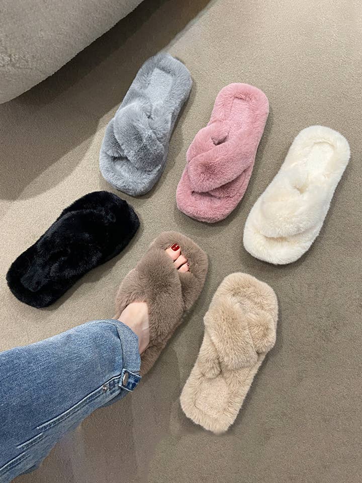 ACCITY - Wholesale Slippers - Women's - CROSS STRAP FLUFFY BEDROOM SLIPPERS_CWSHS022612