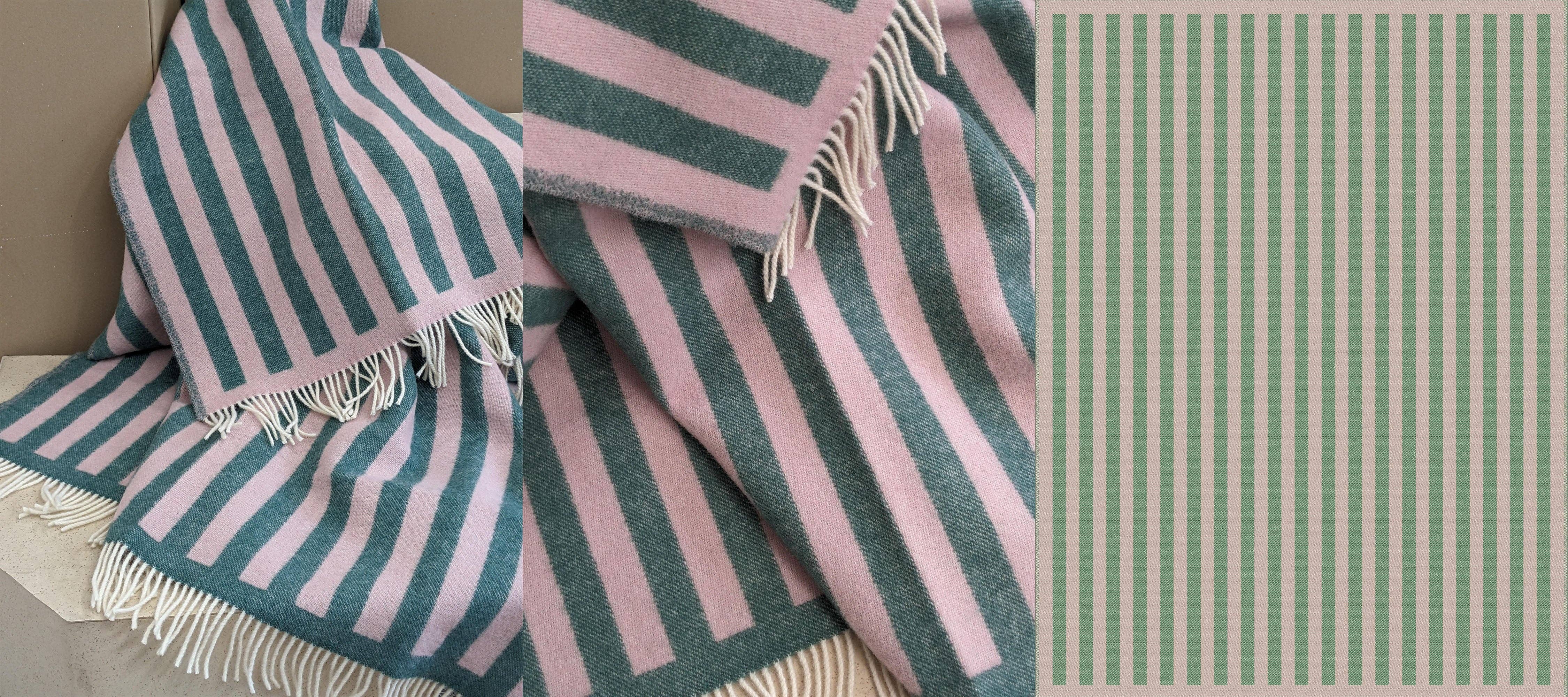 Coudre Berlin – Großhandel Überwurfdecke – Wolldecke / Kuscheldecke STRIPES greenstone / rose2