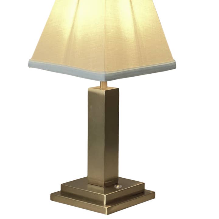 The Enchanted Home - Wholesale Accent/Desk Lamp - Rechargeable Table Lamp – Gold Square Base, Blue Trim Pleated Shade0