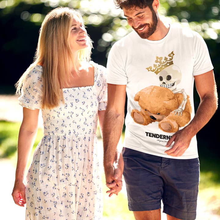 Paapaiii - Vendita all'ingrosso Maglietta serigrafata - Donna - T-shirt in cotone bianche e nere con teschio e orso