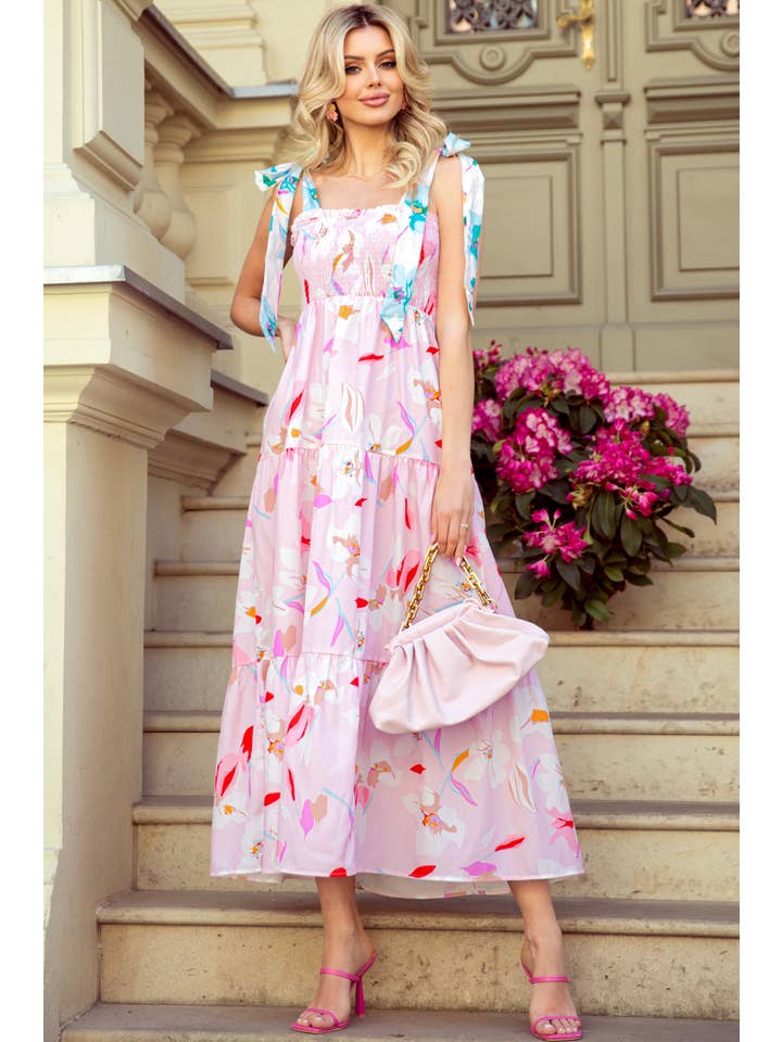 Pink Floral Print Knotted Shoulder Smocked Maxi Dress for wholesale on Faire