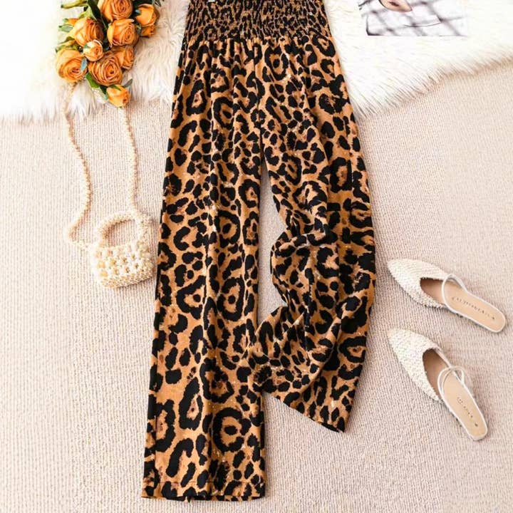 Masyal - Wholesale Pants - Women's - Women's Leopard Print Elastic Waist Wide-Leg Pants5