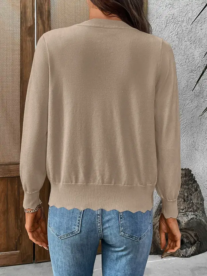 Khaki Women’s Lightweight V-Neck Scalloped Knit Cardigan for wholesale on Faire3