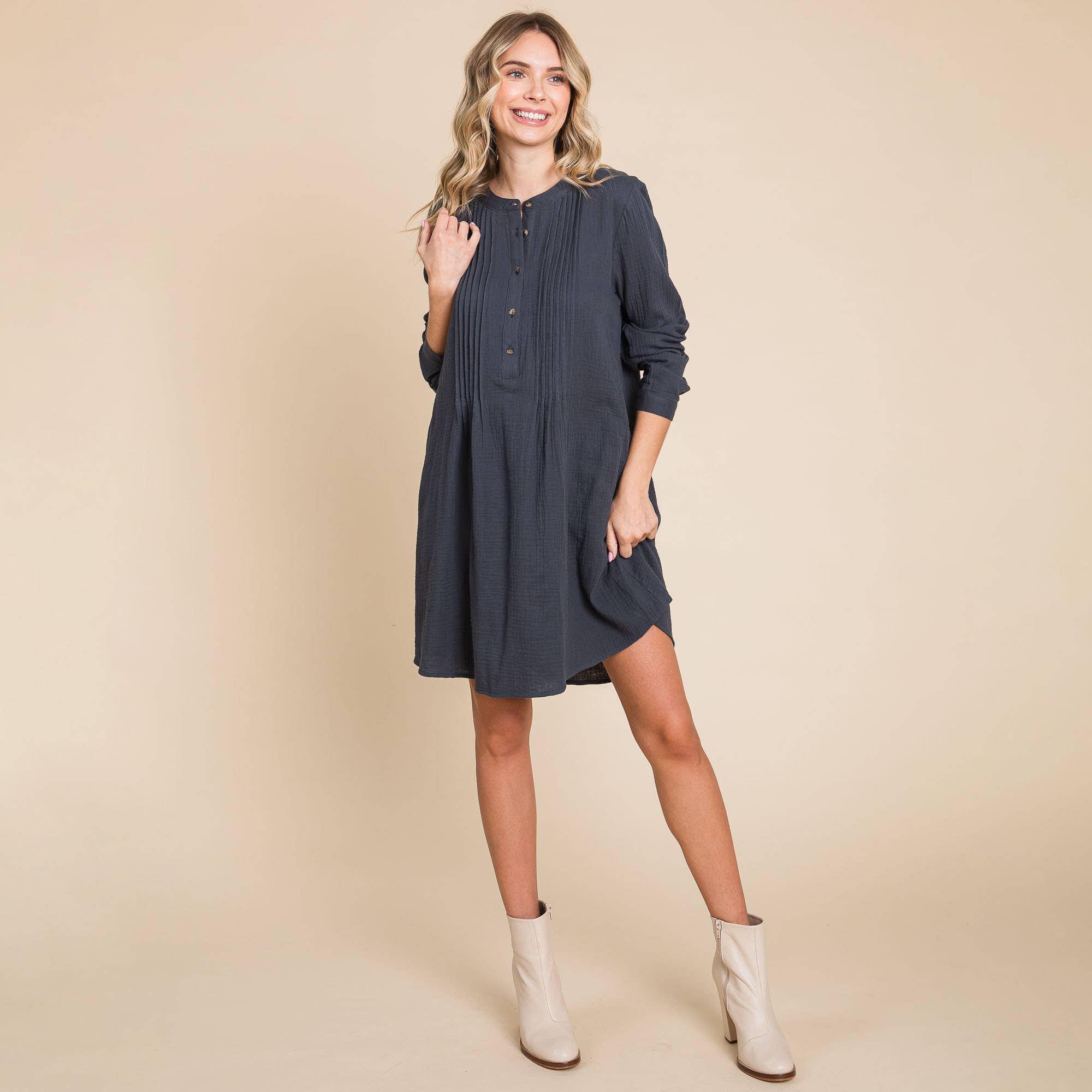 ROLYPOLY - Vente Robe – femme - Robe tunique en coton double gaze manches longues style henley6