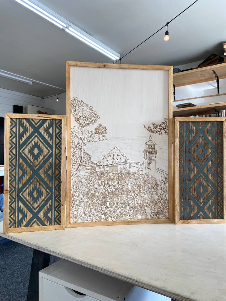 3 Piece Hand Sketched Heceta Head Lighthouse Oregon Wood Artwork with Aztec for wholesale by Birch and Home Handmade