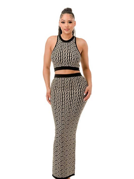 Set aus bedrucktem Crop-Top und Maxirock- HOEA734 für den Großhandel von House of E ATL LLC