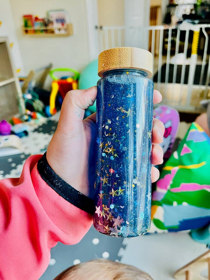 Starry Night Sensory Glitter Shaker with Bamboo Lid for wholesale by Happy Little Sprouts