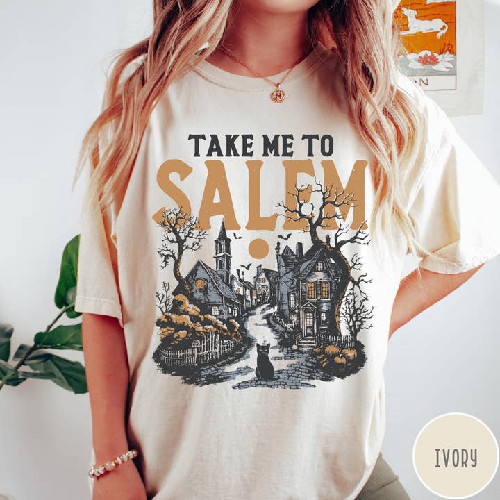 Comfort Colors Neem Me Mee Naar Salem Shirt, Vintage Halloween voor wholesale door Glaime