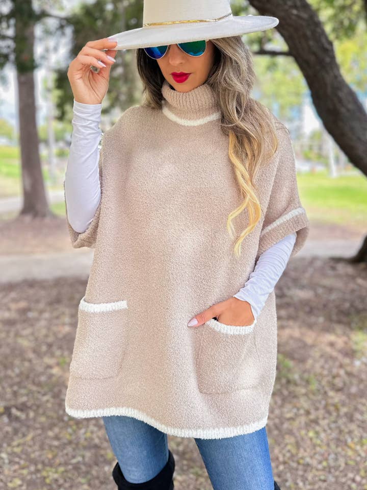Beige Soft Knit Short Sleeve Cozy Poncho Sweater withPocket for wholesale on Faire2