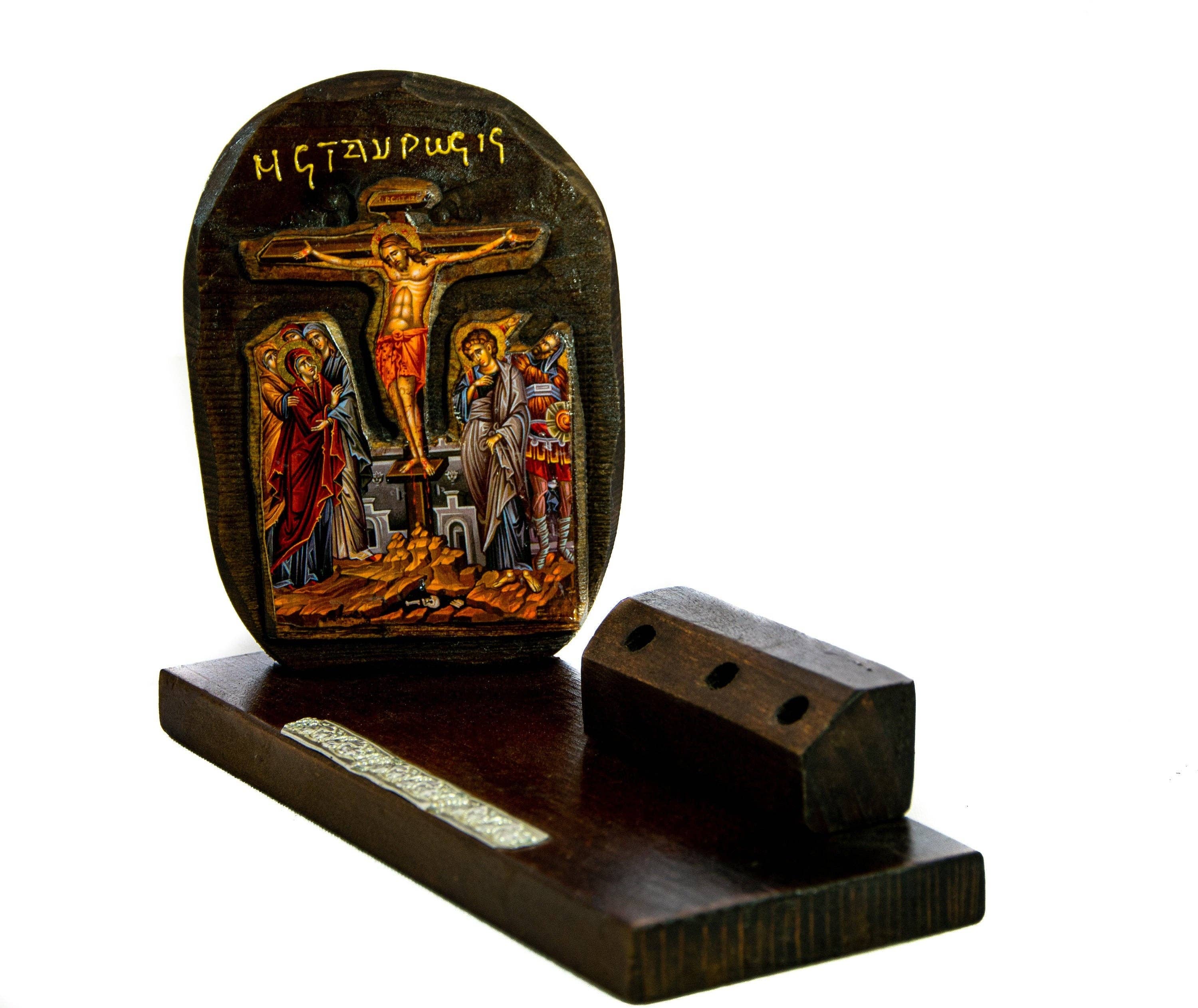 TheHolyArt - Wholesale Pencil Holder - Crucifixion icon and Pencil holder 25x10cm, Handmade Greek Orthodox icon, Byzantine art pencil holder on wood, religious decor2