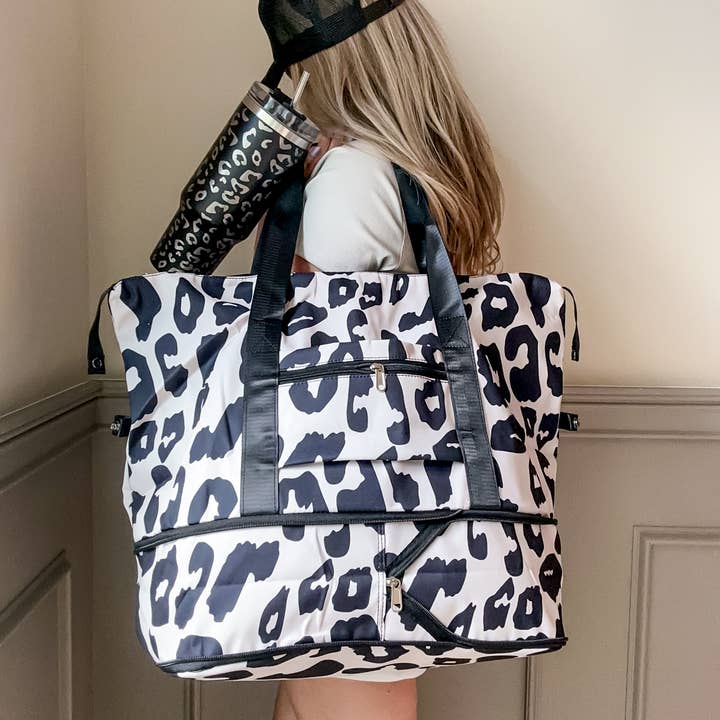 Sunrise Collective - Wholesale Weekender Bag - Women's - Expanding Wet Dry Travel Duffle In Pink or Black Animal Print