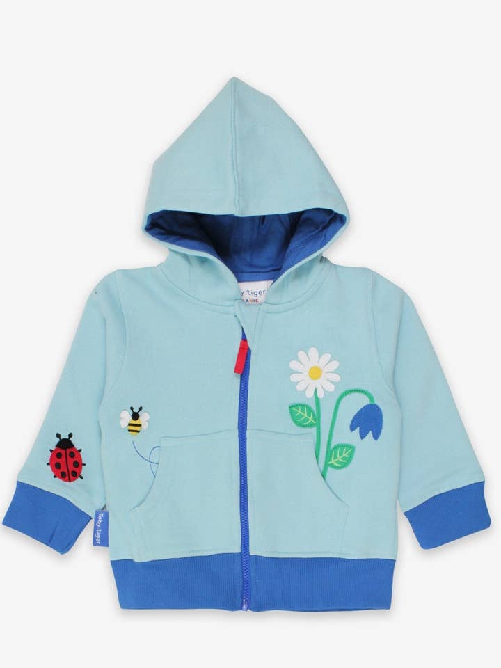 Børne-sweatjakke i økologisk bomuld med hætte og mariehøne-applikation for engroshandel hos Toby Tiger GmbH