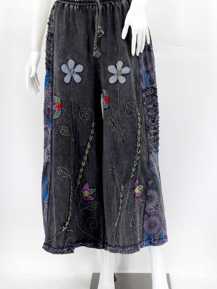 Himalaya Handmade - Wholesale Pants - Women's - Cotton Hippie Handmade Floral Embroidered Wide Leg Bohemian Trousers12