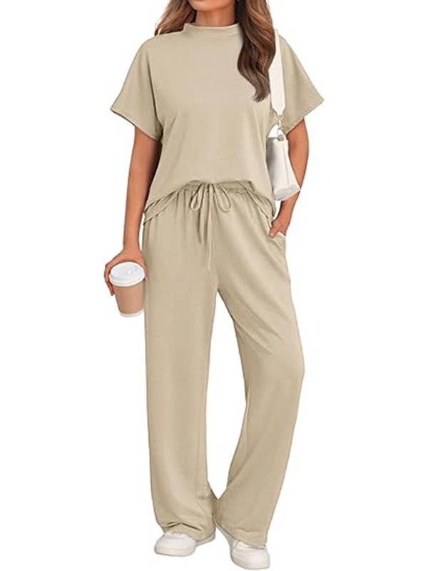 Round Neck Short Sleeve T-Shirt Wide Leg Pants Sports Suit for wholesale by Rosa Clothing