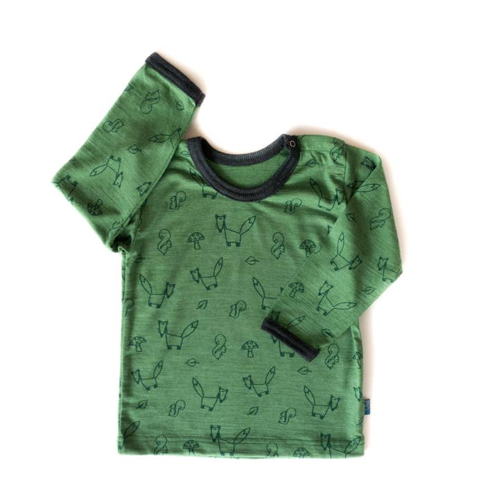 Glückskind - Wholesale T-Shirt - Kids - Forest green fox shirt, merino wool & silk (organic/GOTS)