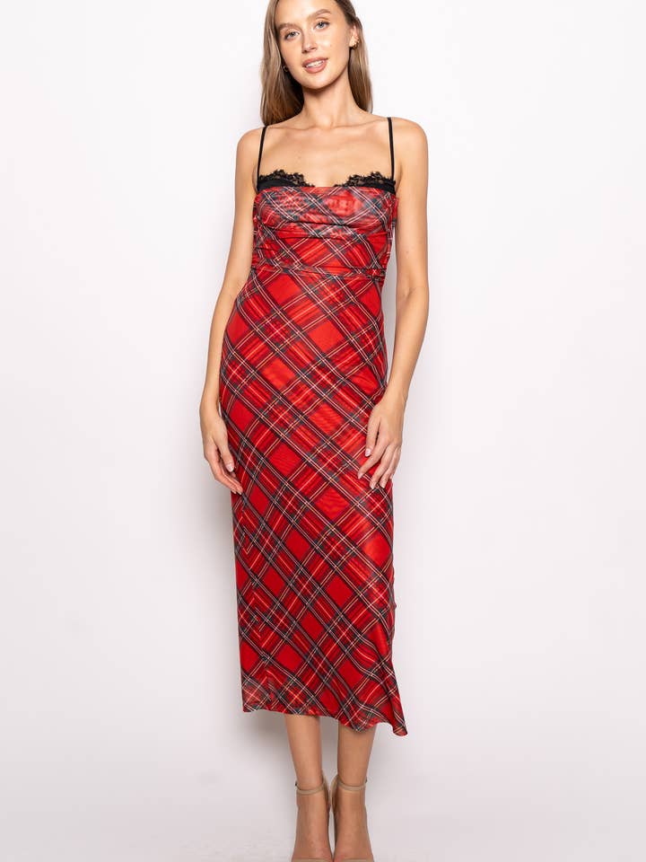 VESTIDO DE ENCAJE CON TIRANTES DE MALLA Y CUADROS ATEMPORALES ELEGANTES-DI11150FO para venta al por mayor de Fore Collection