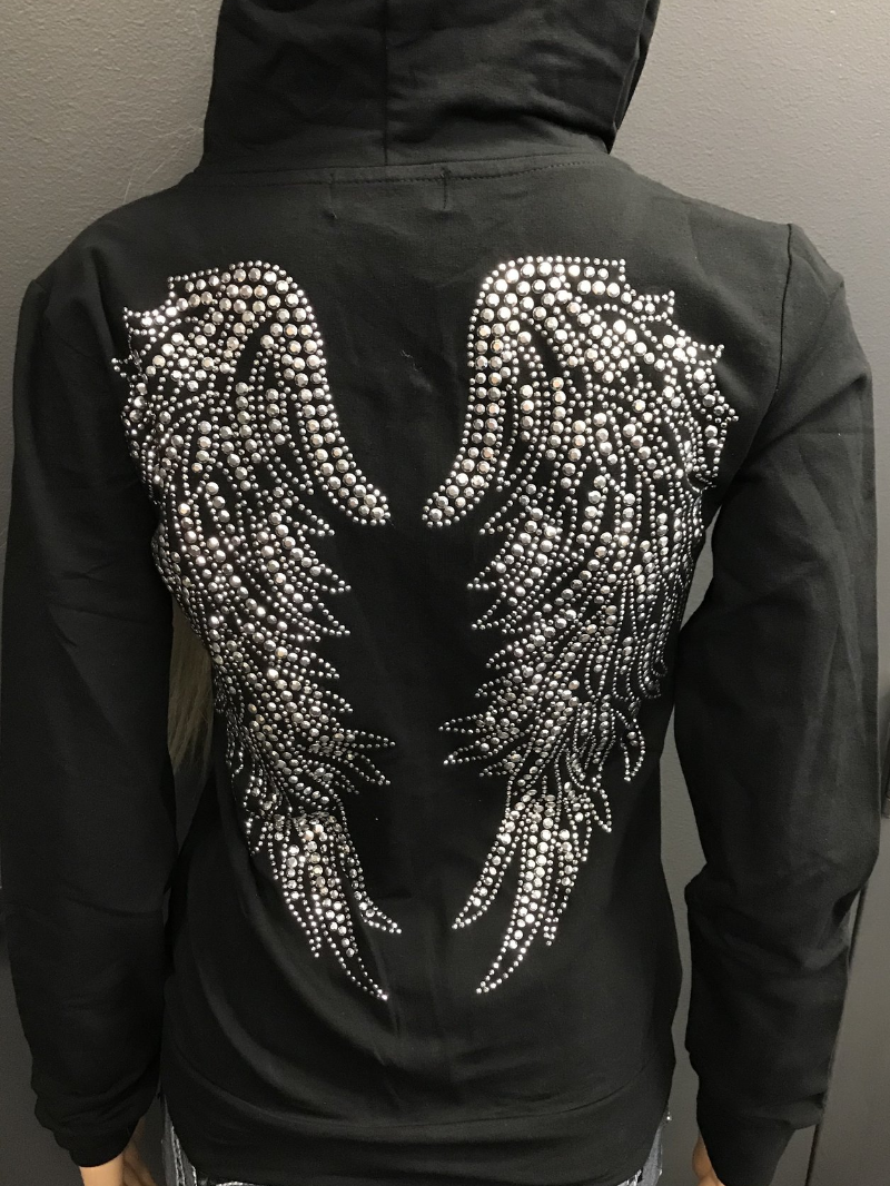 Svart Vingar Strassmönster Tryck Dragkedja Retro Huvjacka för wholesale på Faire1