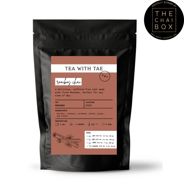 Rooibos Chai Herbal Decaf Loose Leaf Tea Pouch (3oz or 1lb) for wholesale by Tea with Tae