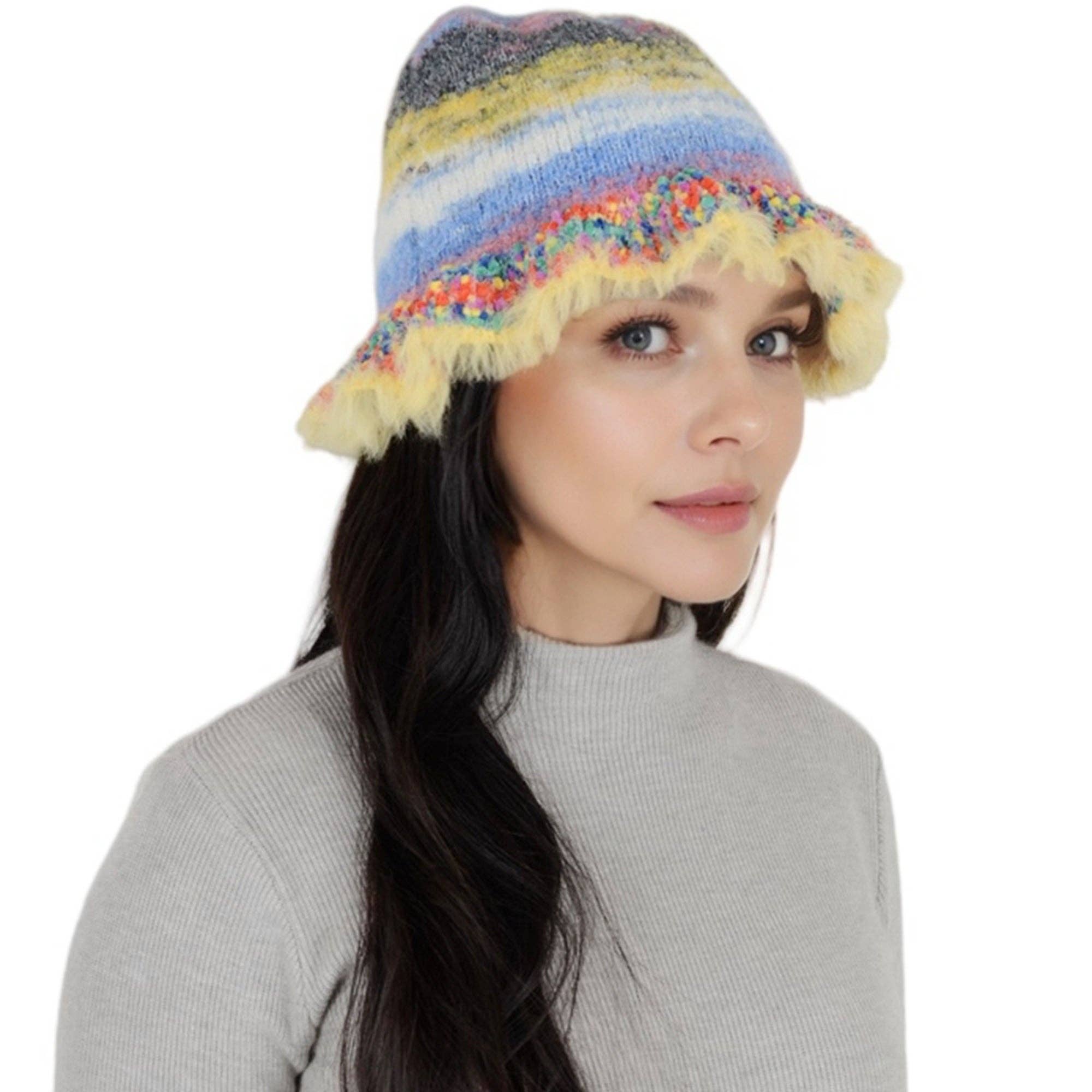 AK Brand – wholesale Bucket hat – Women's – Colorful Striped Knit Bucket Hat Fluffy Winter Fisherman Hat12