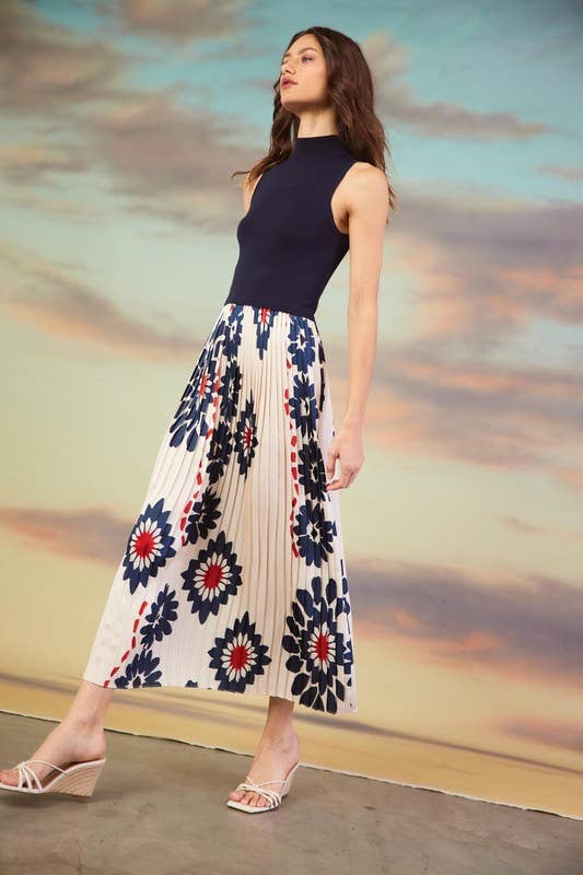 Ivory Navy Sleeveless Knit & Print Midi Dress for wholesale on Faire1