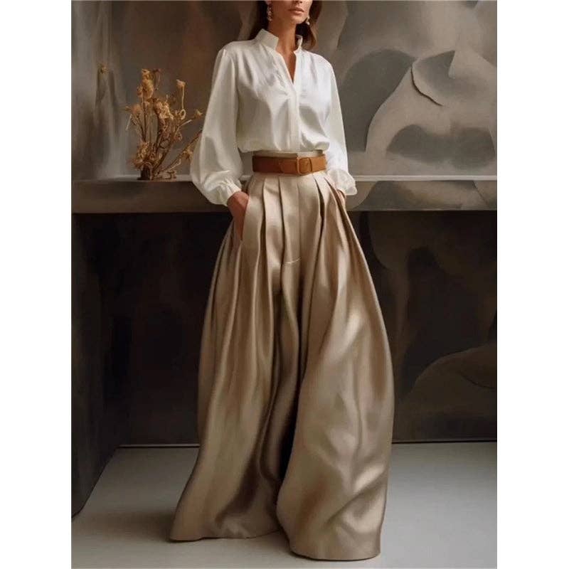 KHAKI Loose Wide Leg Solid Color Casual Pants Bottoms Trousers for wholesale on Faire5