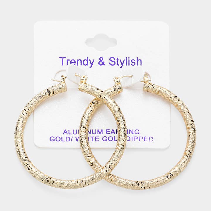 Gold Dipped Textured Aluminum Hoop Earrings for wholesale by Sensibling Corp.