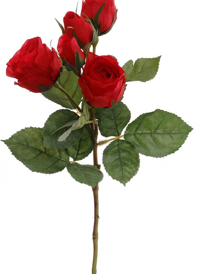 16" Rose Spray W/4 Flowers, 1 Bud Red Faux for wholesale by Larksilk