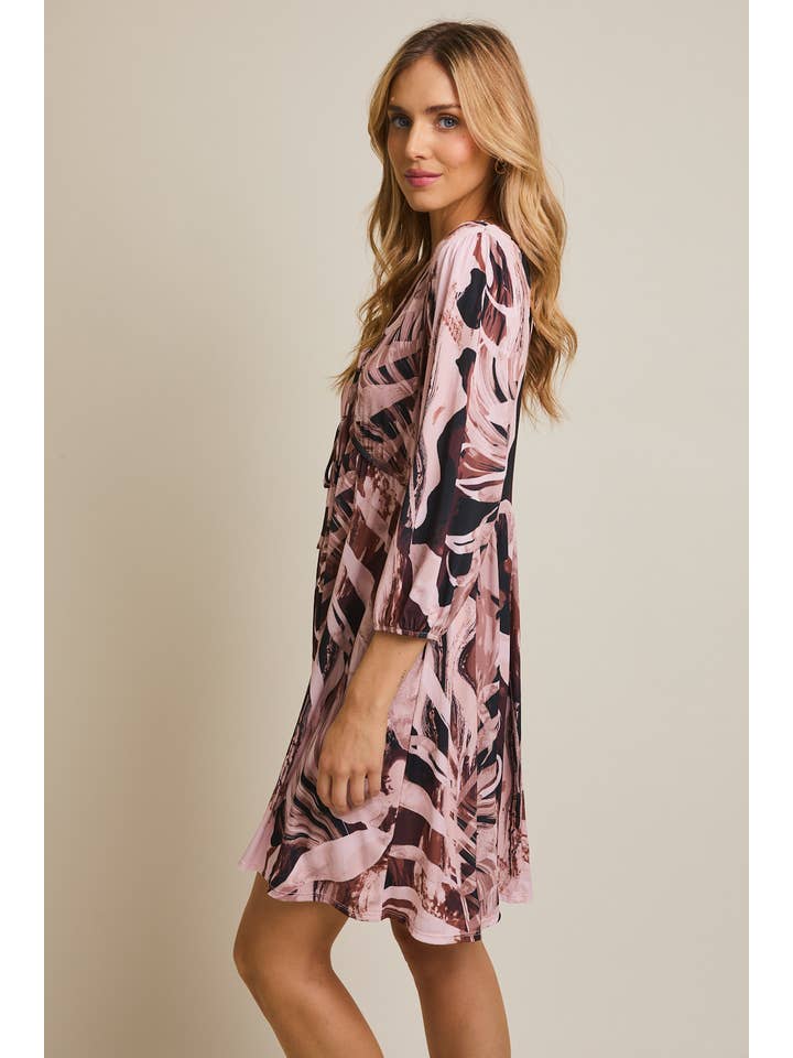 V-NECK FRONT TIE LONG SLEEVE ABSTRACT MINI DRESS for wholesale on Faire1