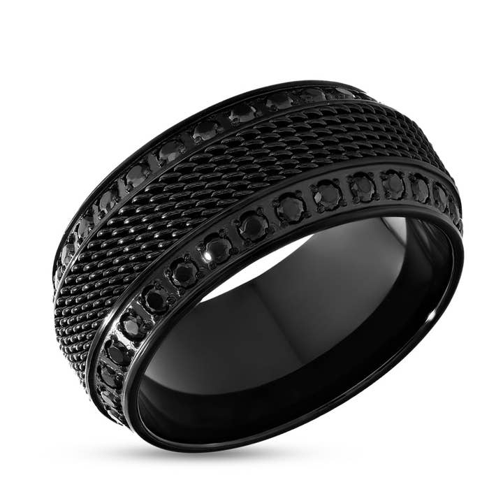 Black Titanium Wedding Ring - Chain Inlay Ring - Black CZ Wedding Ring - 8mm Ring for wholesale by Lucky Love Rings